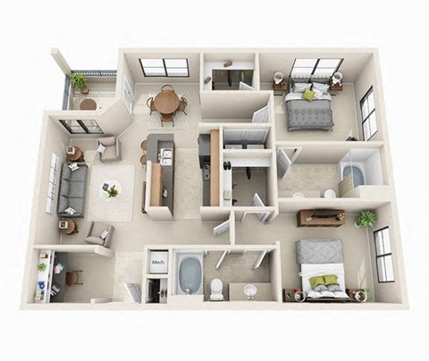 Floor plan for 2 beds, 2 baths, 1168 sqft